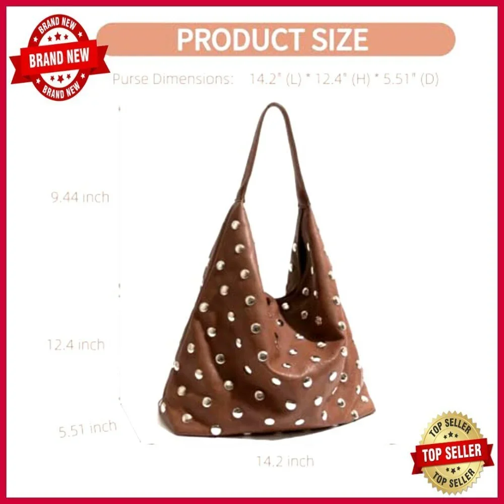 Large Vegan Leather Studded Hobo Bag with Shoulder Strap Tote Purse